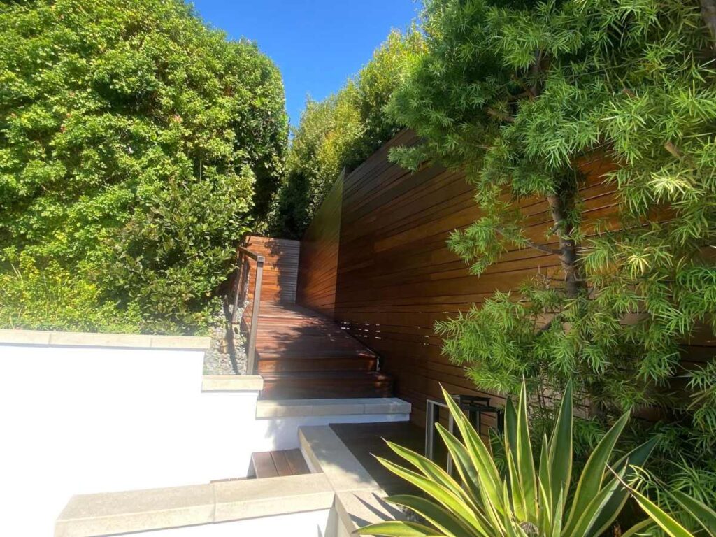 A wooden pathway winds through lush greenery, leading up to a modern home surrounded by vibrant plants under a clear blue sky.