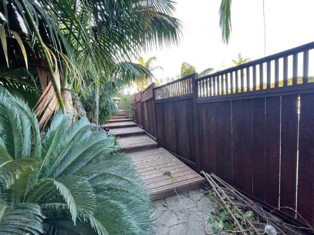 Narrow wooden path lined with lush palm plants and a wooden fence, leading into a tranquil, green space.