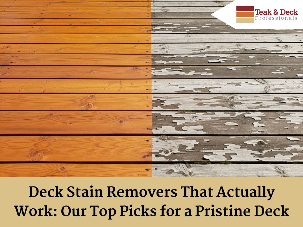 Deck stain remover bottle with a label highlighting its effectiveness in removing tough stains.