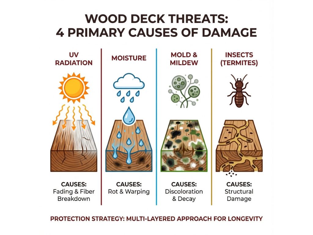 Infographic showing four main threats to wood decks: uv radiation causing fading and fiber breakdown, moisture causing rot and warping, mold and mildew causing discoloration and decay, and insects like termites causing structural damage - best weather protection for wood deck infographic
