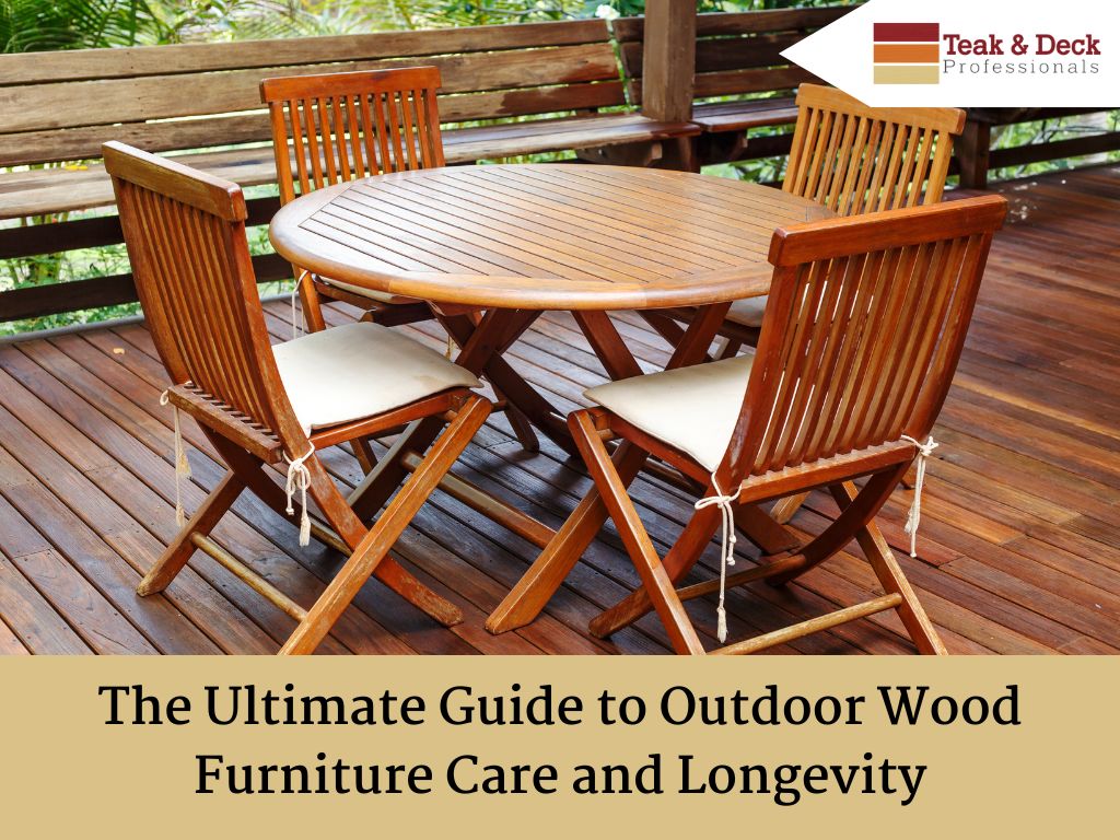 Outdoor wood furniture being treated with oil for enhanced care and longevity in a sunny garden setting.