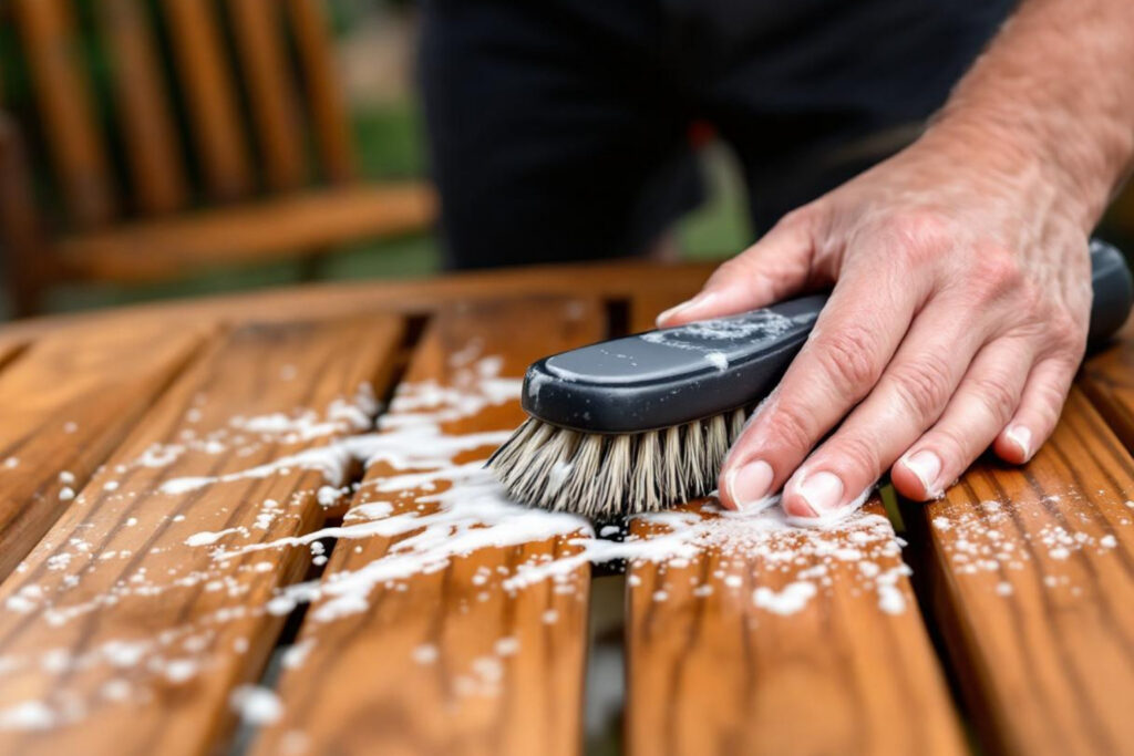 Hand cleaning teak patio table with soap and brush to remove dirt buildup and maintain outdoor wood furniture durability and appearance.