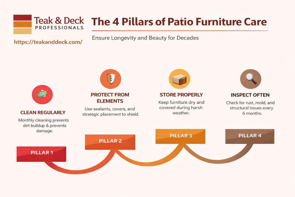 Infographic titled ‘the 4 pillars of patio furniture care’ from teak & deck professionals, outlining key maintenance practices including regular cleaning, protection from elements, proper storage, and routine inspections to ensure long-term outdoor furniture durability.