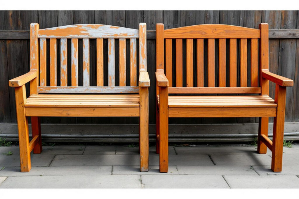 Outdoor wooden bench restoration comparison showing before and after teak furniture refinishing for patios and garden seating