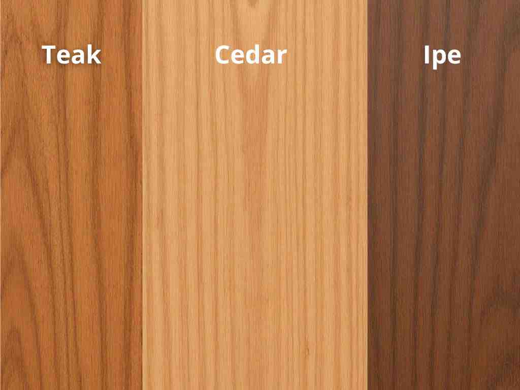 Close-up comparison chart of teak, cedar, and ipe wood showing differences in color, texture, and suitability for outdoor decking and furniture applications.