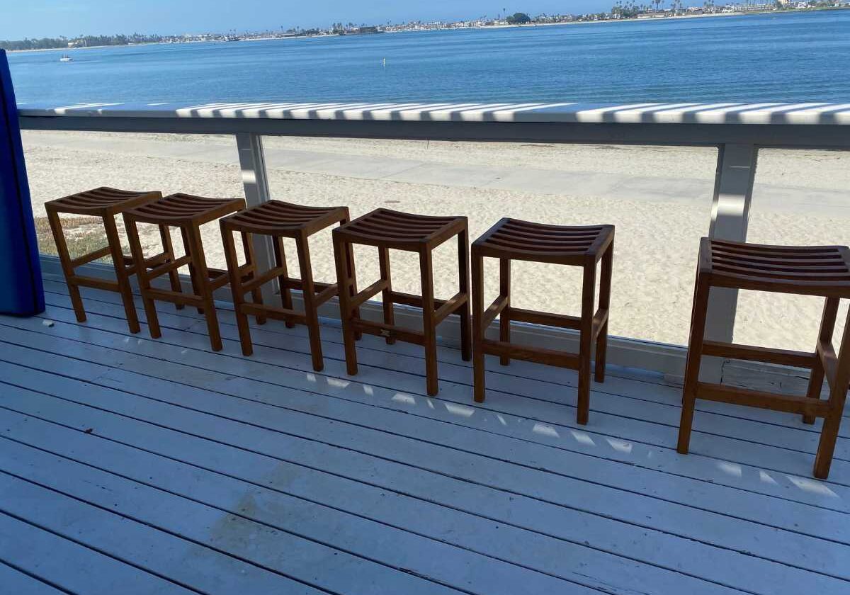 A row of wooden stools on a deck overlooking a serene beach and calm ocean water, with a clear blue sky in the background.
